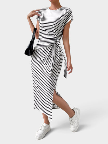 Striped Tie Side Casual Midi Dress