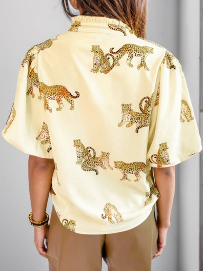 Plus Size Tiger Printed Notched Blouse