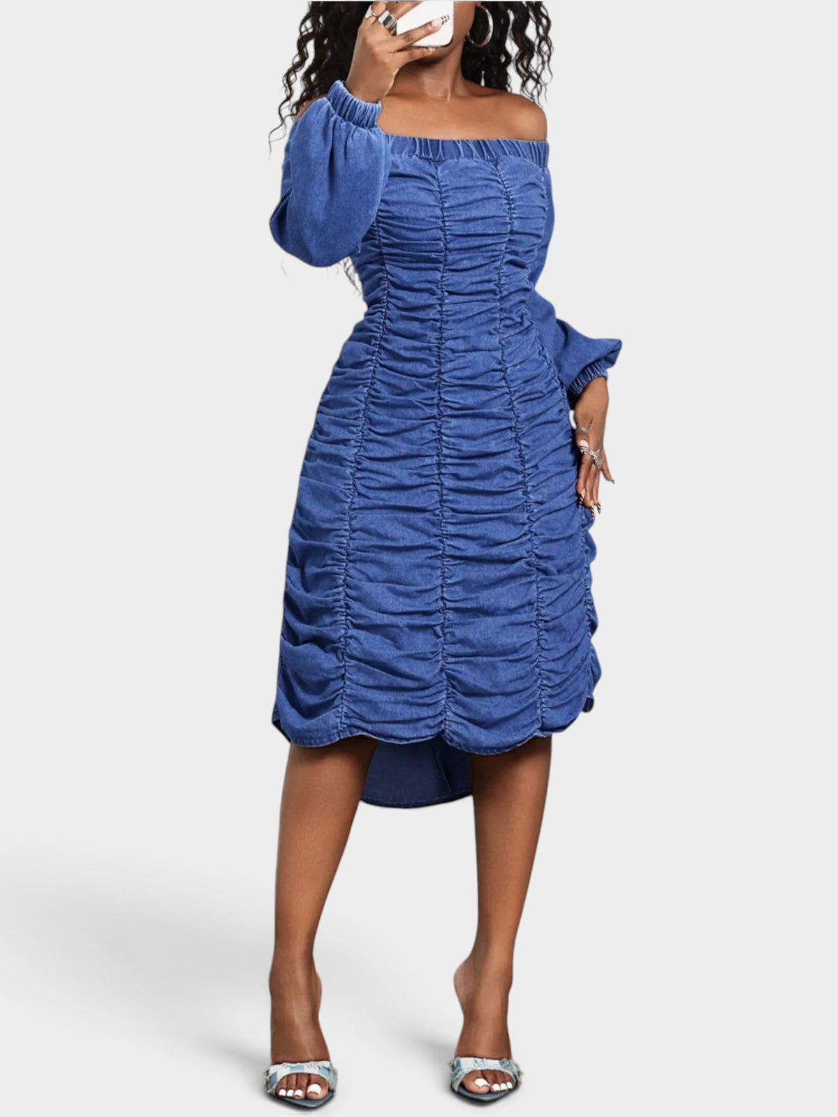 Off-Shoulder Ruched Long Sleeve Denim Dress