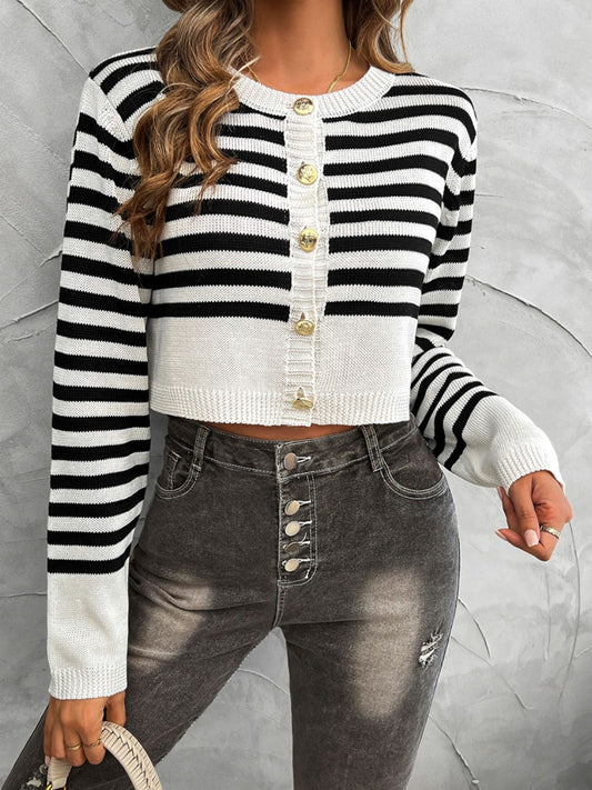 Devine Striped Round Neck Button Down Cardigan