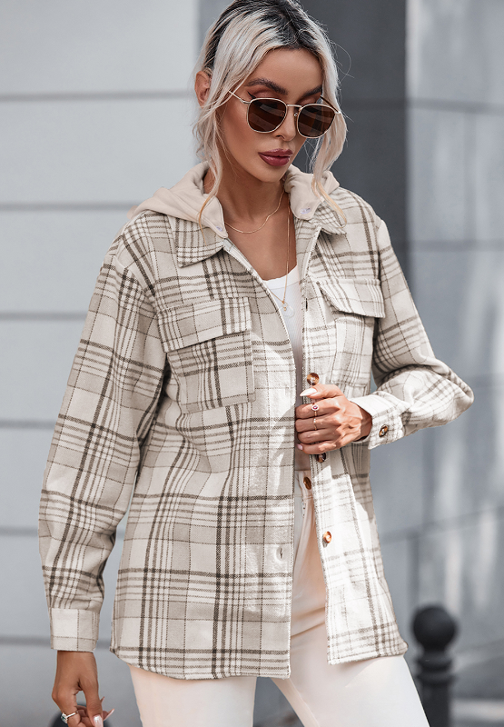 Plaid Removable Hood Button Up Shacket