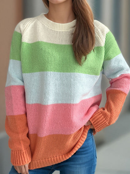 Color Block Round Neck Long Sleeve Sweater