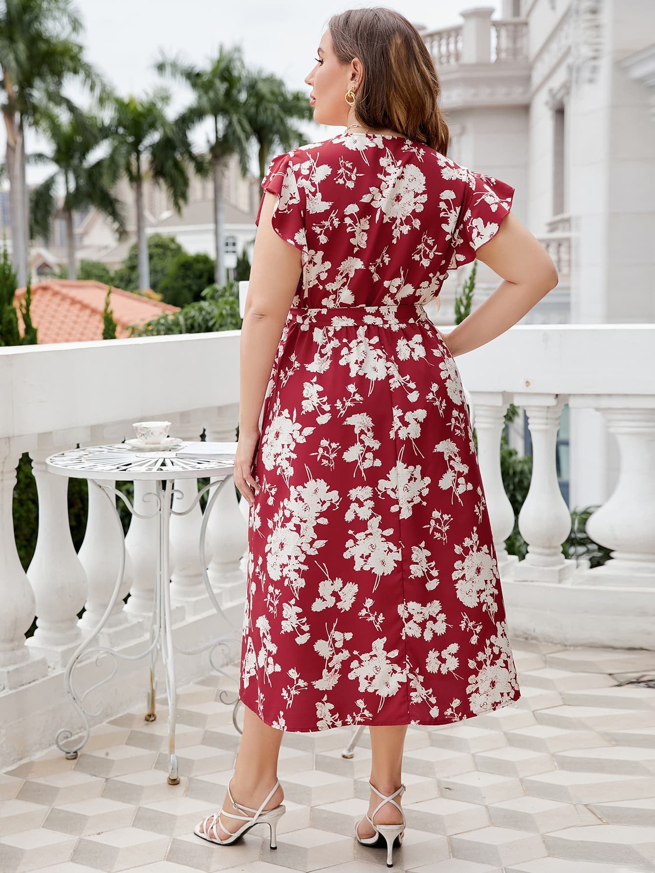 Honey Plus Size Floral Tie Waist Surplice Neck Midi Dress