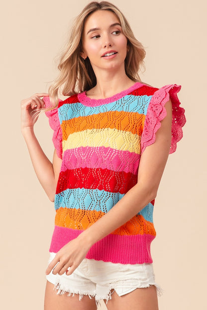 BiBi Pointelle Striped Ruffled Knit Top