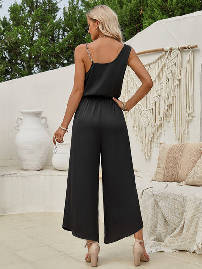 Women's Clothing, Chain Detail Asymmetrical Neck Jumpsuit, Back View Black, Rochelle's House