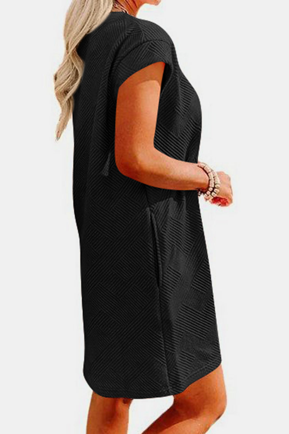 Women's Clothing, Textured Round Neck Cap Sleeve Dress, Side View Black, Rochelle's House