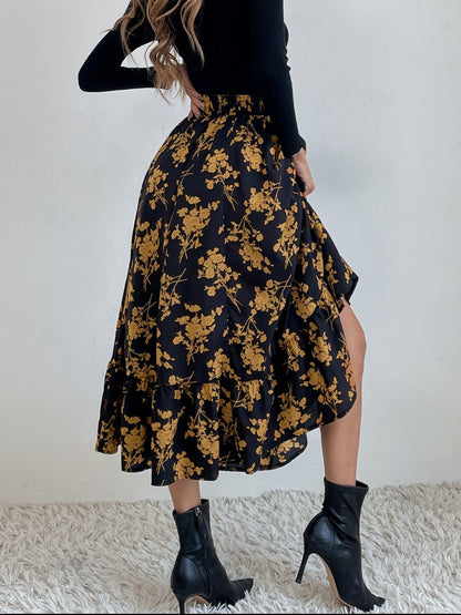 Printed Elastic Waist Midi Skirt