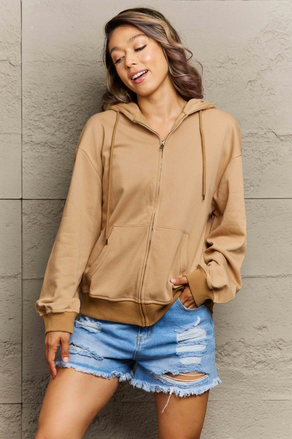 Full Size Zip Up Long Sleeve Hooded Jacket