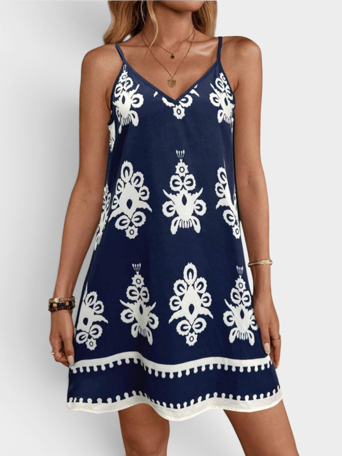 Printed V-Neck Sleeveless Mini Dress