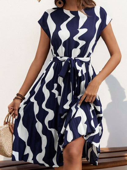 Perfee Tied Pleated Printed Cap Sleeve Dress