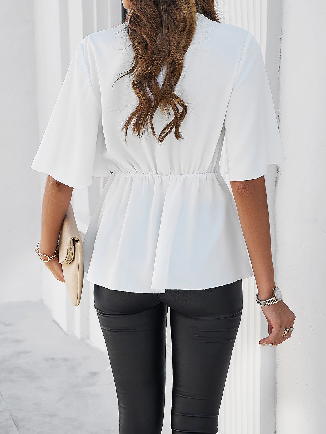 Devine Surplice Tie Waist Half Sleeve Blouse