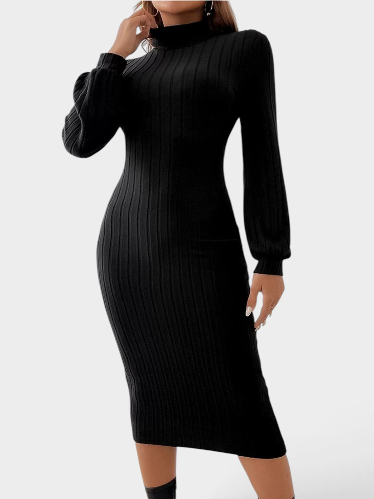 Mock Neck Ribbed Knit Bodycon Midi Dress