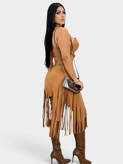 Buckle Detail Fringe Hem Bodycon Dress