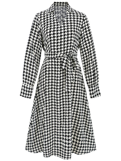 Tied Houndstooth Long Sleeve Midi Dress