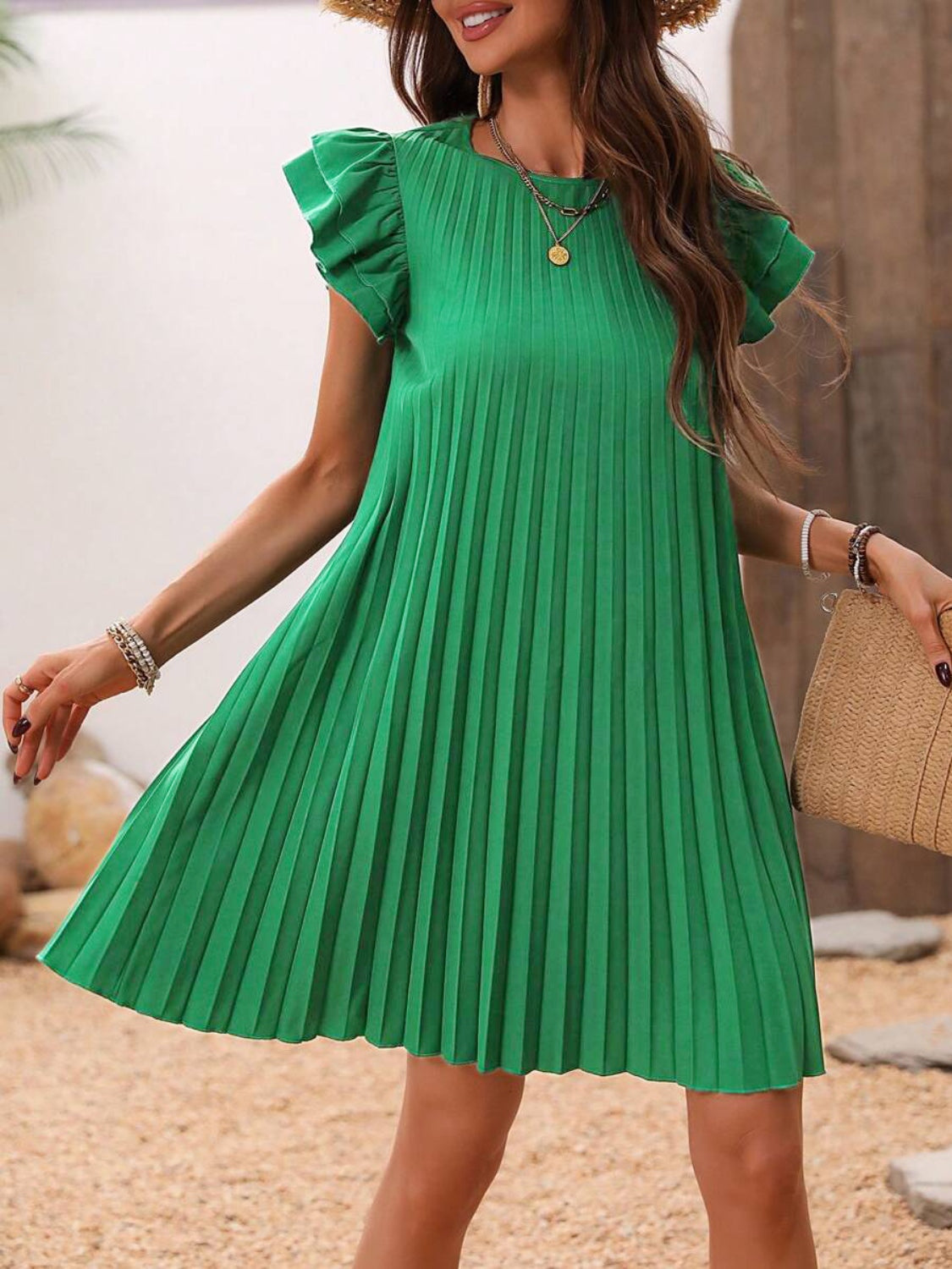 Pleated Round Neck Cap Sleeve Mini Dress