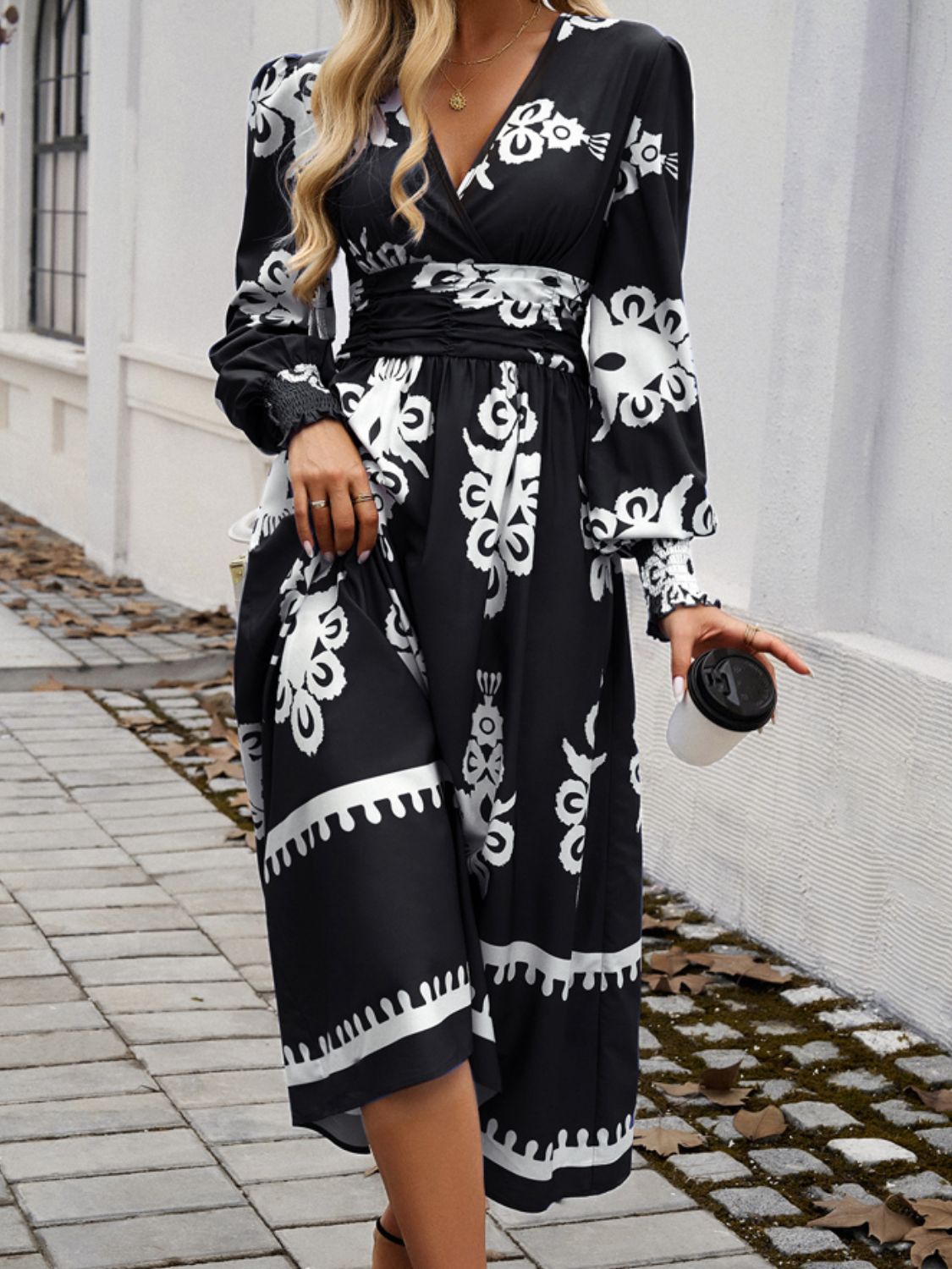 Printed Surplice Lantern Sleeve Midi Dress