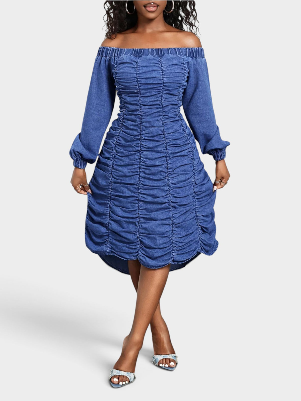 Off-Shoulder Ruched Long Sleeve Denim Dress