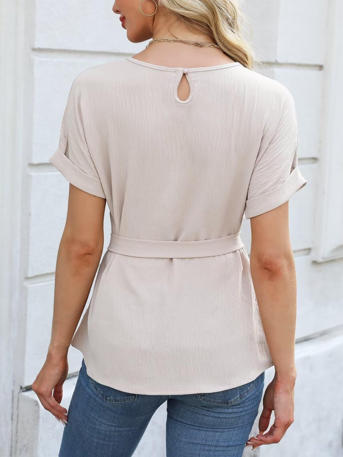 Tied Pleated Round Neck Short Sleeve Top