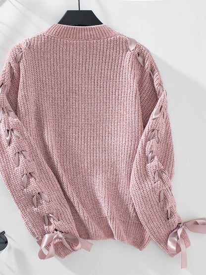 Lace Up Round Neck Long Sleeve Sweater