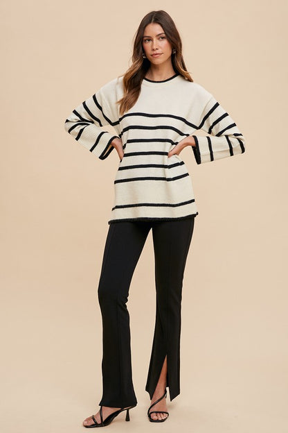 Annie Wear Side Slit Striped Round Neck Sweater