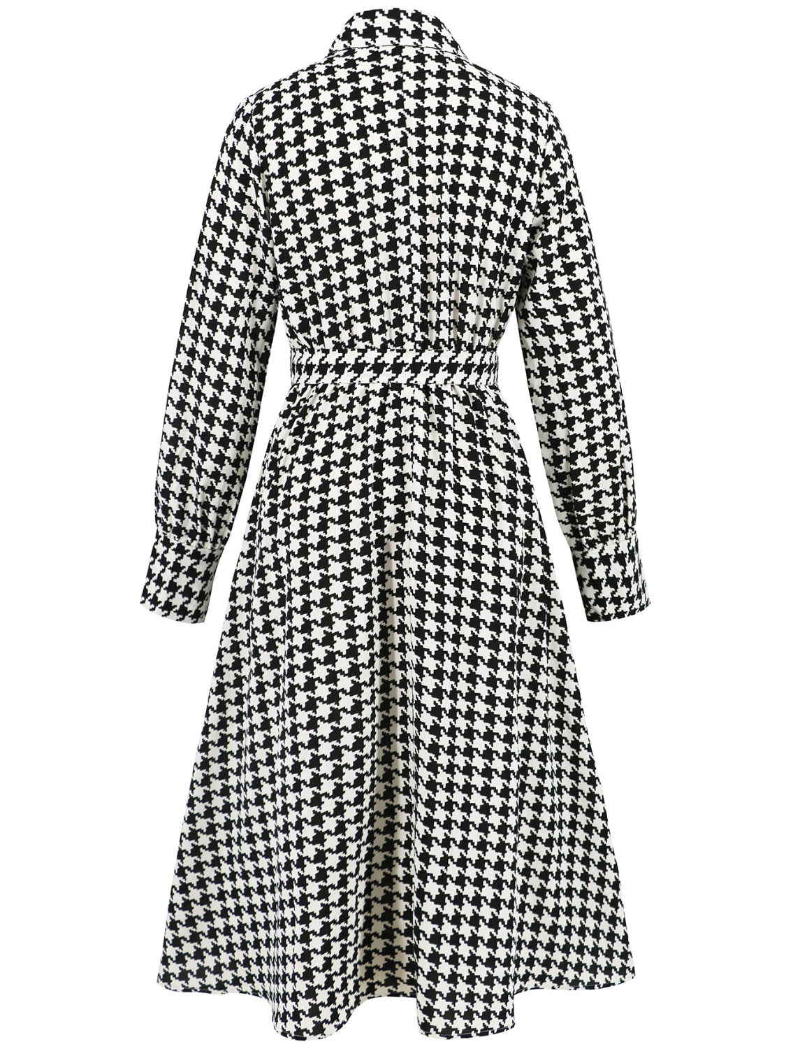 Tied Houndstooth Long Sleeve Midi Dress