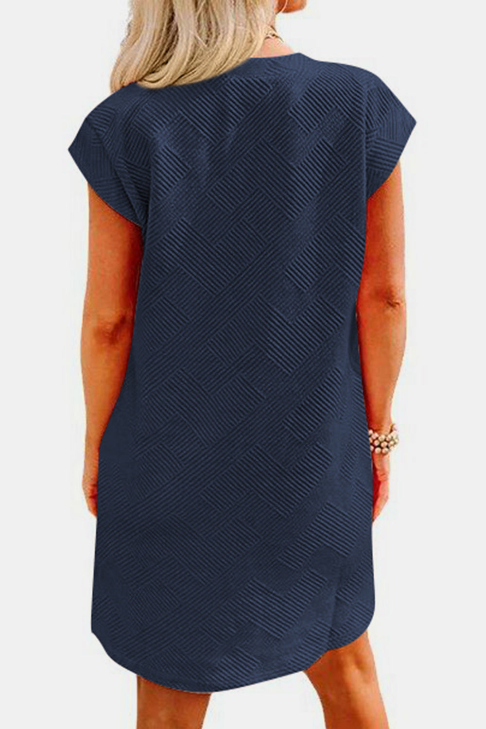 Women's Clothing, Textured Round Neck Cap Sleeve Dress, Back View Dark Navy, Rochelle's House