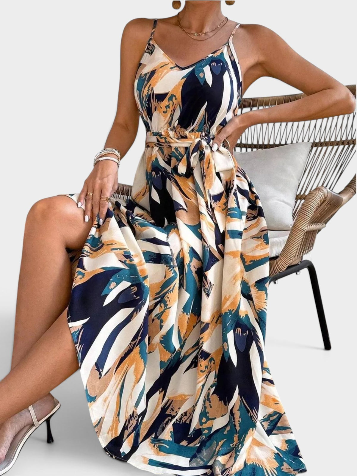 Abstract Print Tie Waist Cami Dress