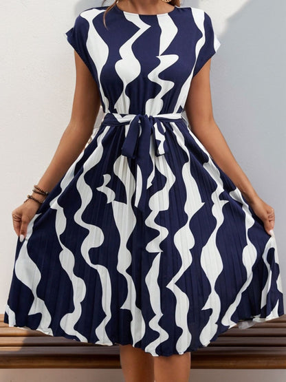 Perfee Tied Pleated Printed Cap Sleeve Dress