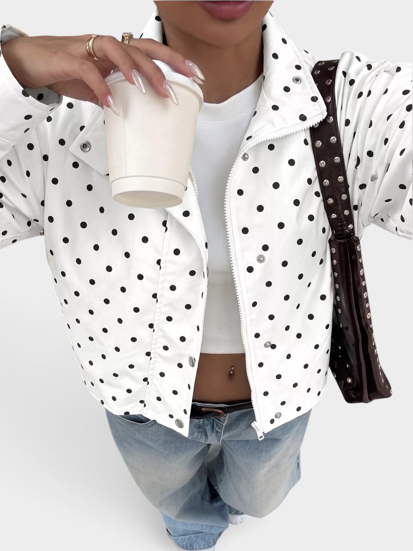 Polka Dot Zip Up Cropped Jacket