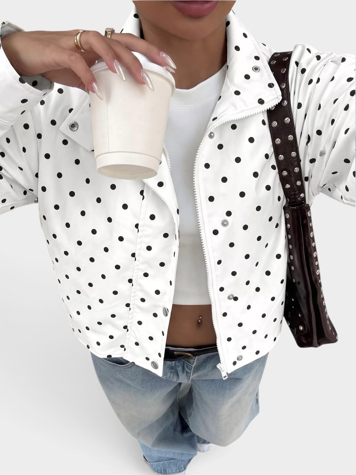 Polka Dot Zip Up Cropped Jacket