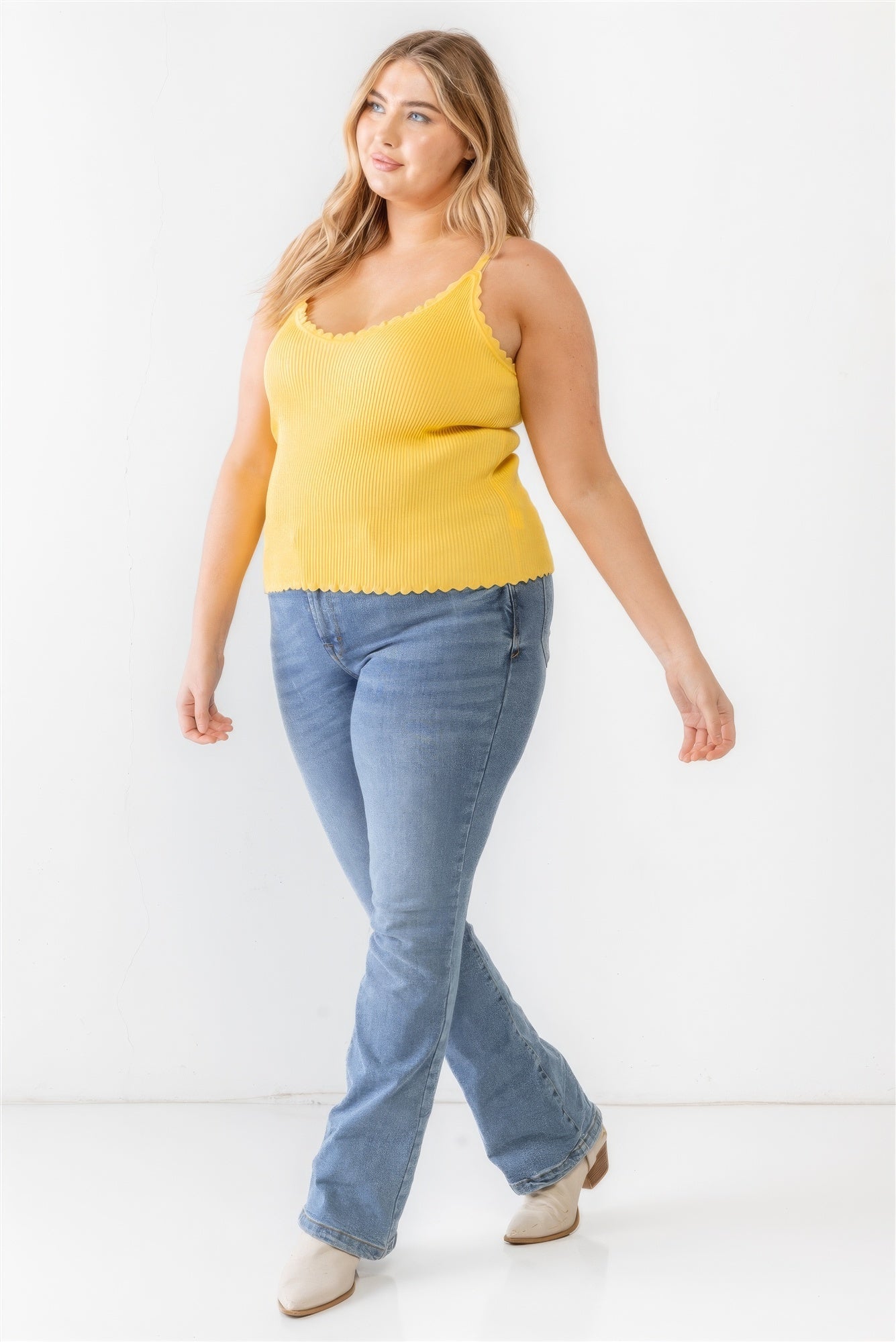 Yellow Plus Ribbed Ruffle Tank Top