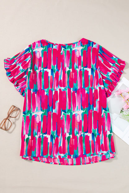 Plus Size Printed Round Neck Petal Sleeve Blouse