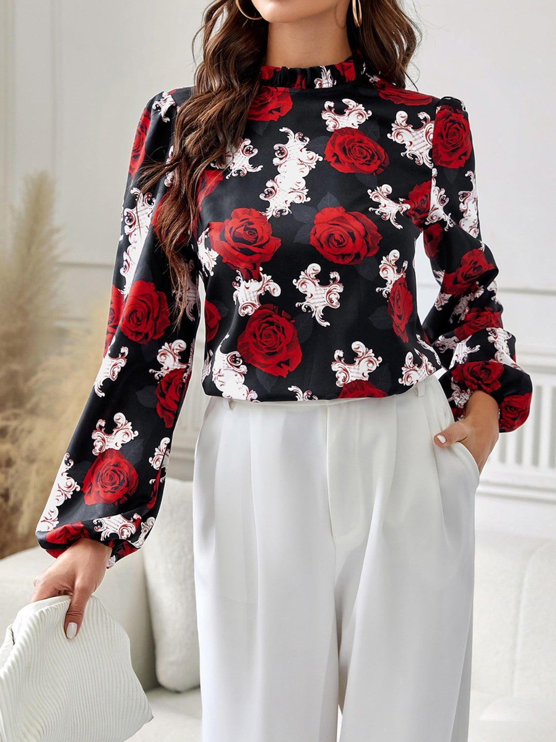 Frill Floral Mock Neck Long Sleeve Top