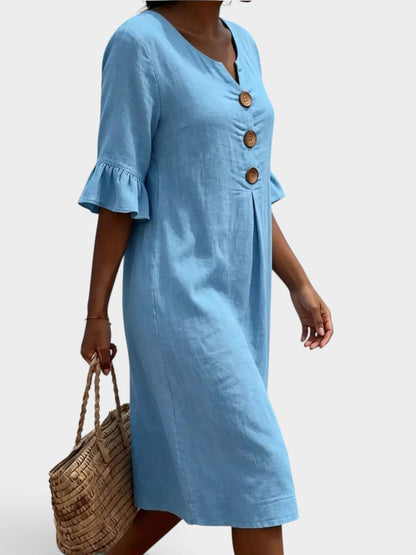 Full Size Button Decor Flounce Sleeve Dress Plus Size
