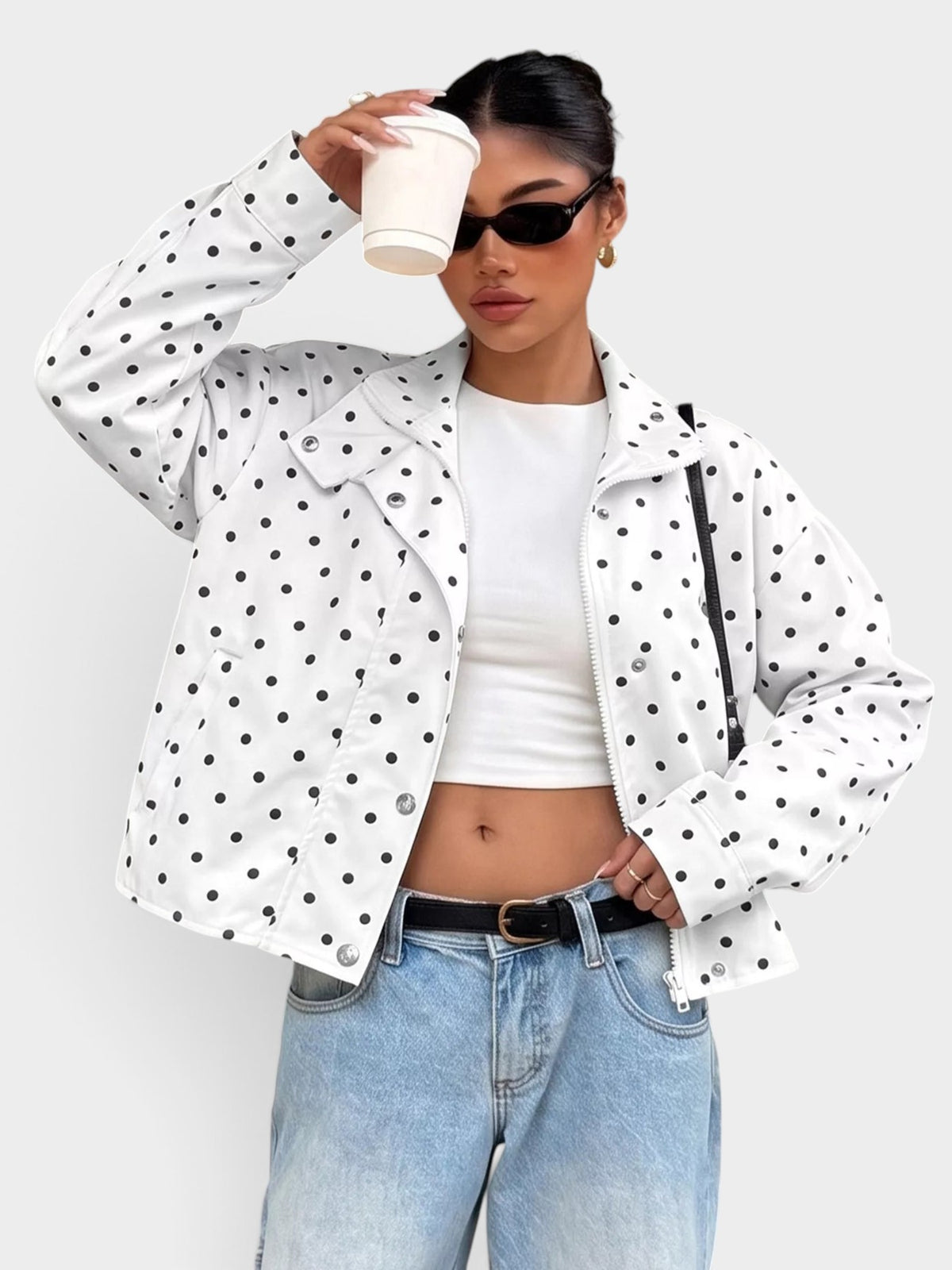 Polka Dot Zip Up Cropped Jacket
