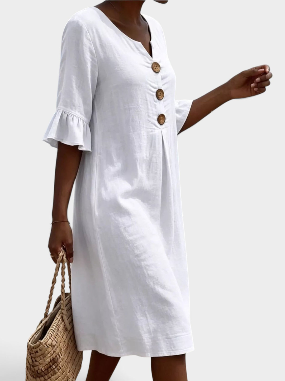 Full Size Button Decor Flounce Sleeve Dress Plus Size