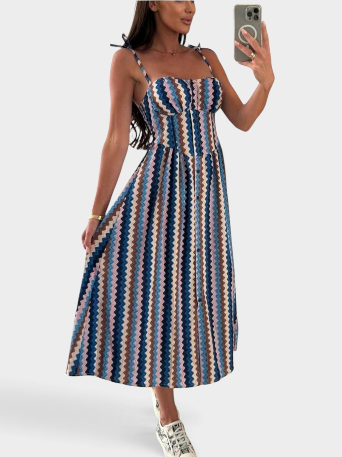 Striped Tie-Shoulder Midi Dress
