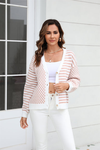 Angel Wings Button - Down Stripe & Plaid Contrast Pattern Cardigan - Rochelle's House LLC