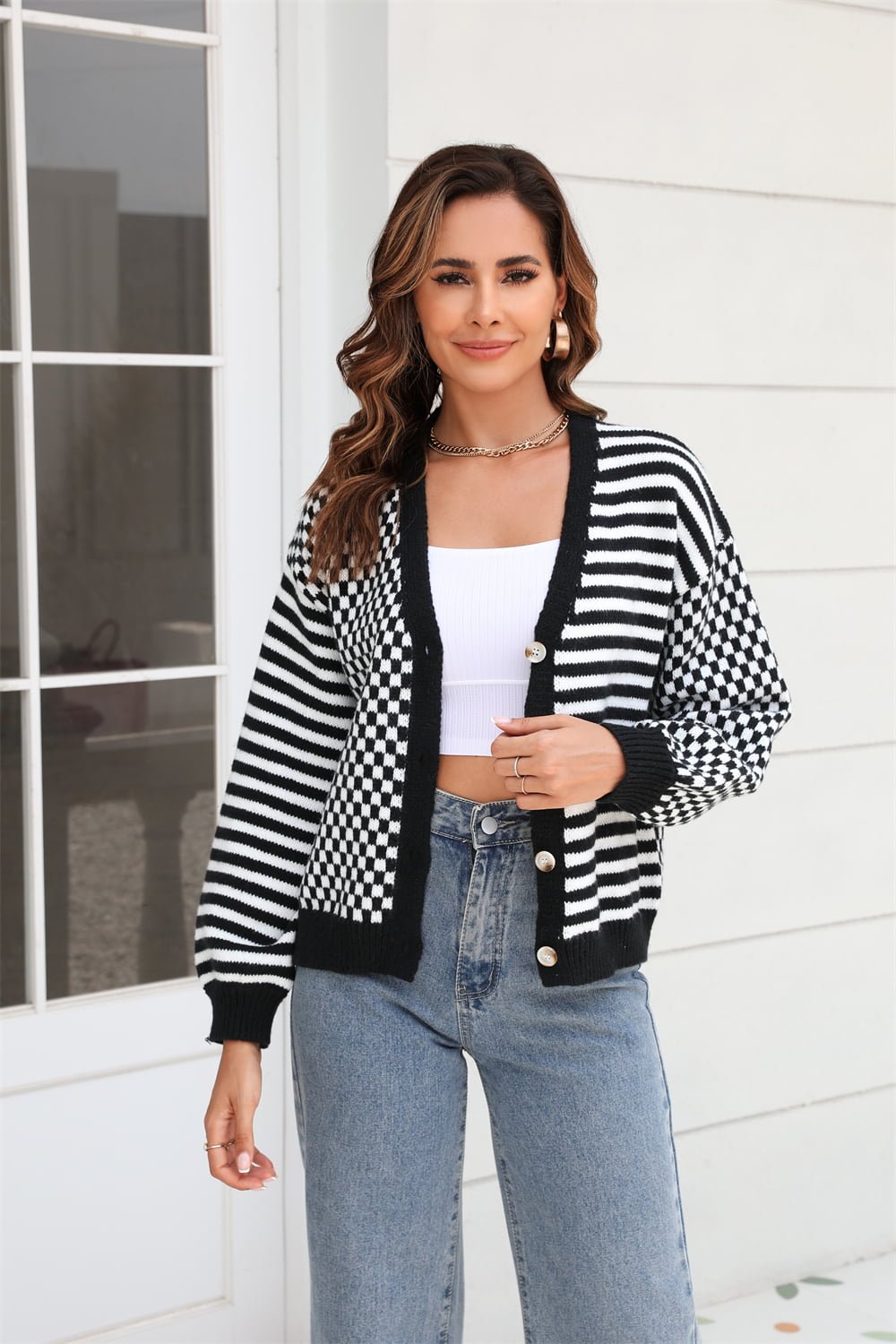 Angel Wings Button - Down Stripe & Plaid Contrast Pattern Cardigan - Rochelle's House LLC