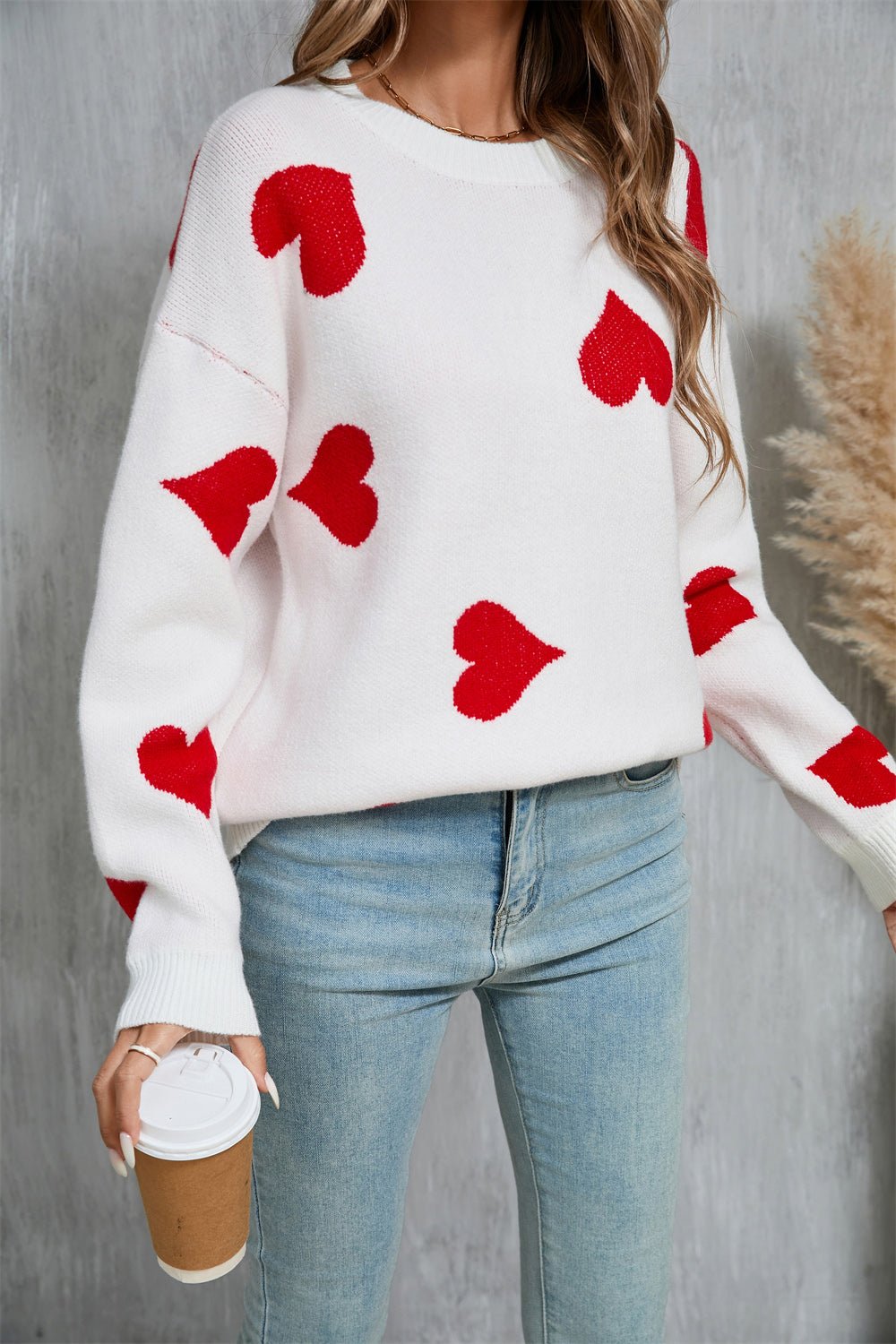 Angel Wings Heart Round Neck Dropped Shoulder Sweater - Rochelle's House LLC