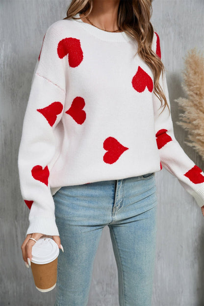 Angel Wings Heart Round Neck Dropped Shoulder Sweater - Rochelle's House LLC
