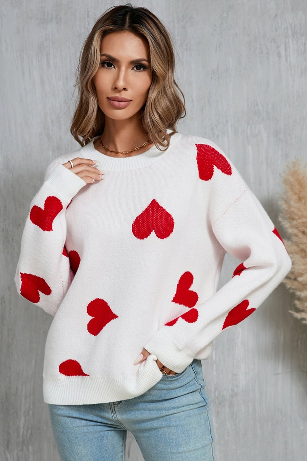 Angel Wings Heart Round Neck Dropped Shoulder Sweater - Rochelle's House LLC