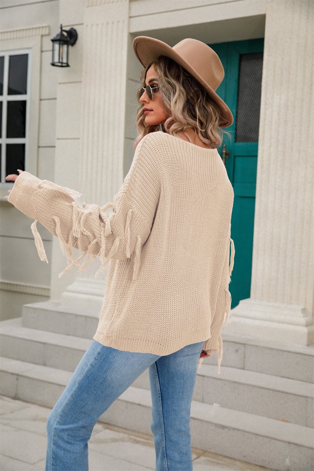 Angel Wings Ribbed Round Neck Fringe Detail Sweater - Rochelle's House LLC