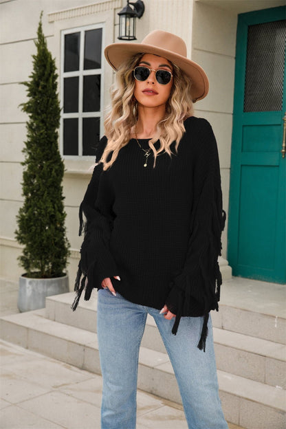 Angel Wings Ribbed Round Neck Fringe Detail Sweater - Rochelle's House LLC