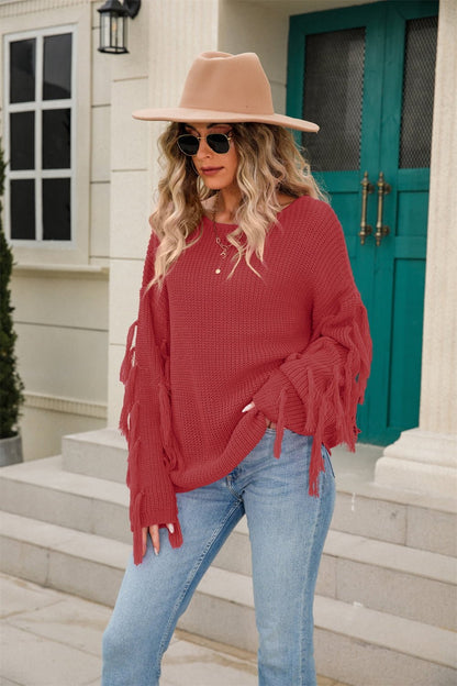 Angel Wings Ribbed Round Neck Fringe Detail Sweater - Rochelle's House LLC