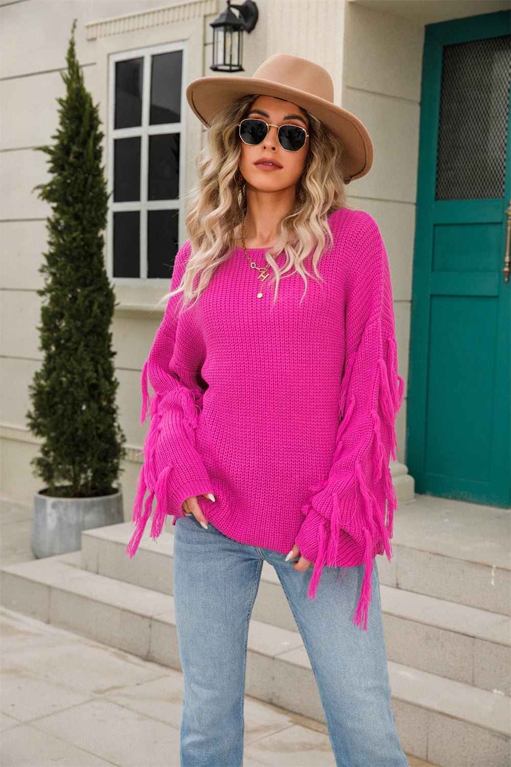 Angel Wings Ribbed Round Neck Fringe Detail Sweater - Rochelle's House LLC