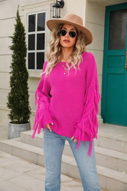 Angel Wings Ribbed Round Neck Fringe Detail Sweater - Rochelle's House LLC