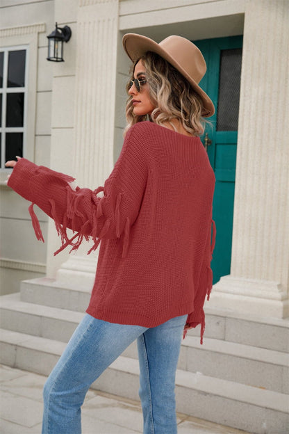 Angel Wings Ribbed Round Neck Fringe Detail Sweater - Rochelle's House LLC