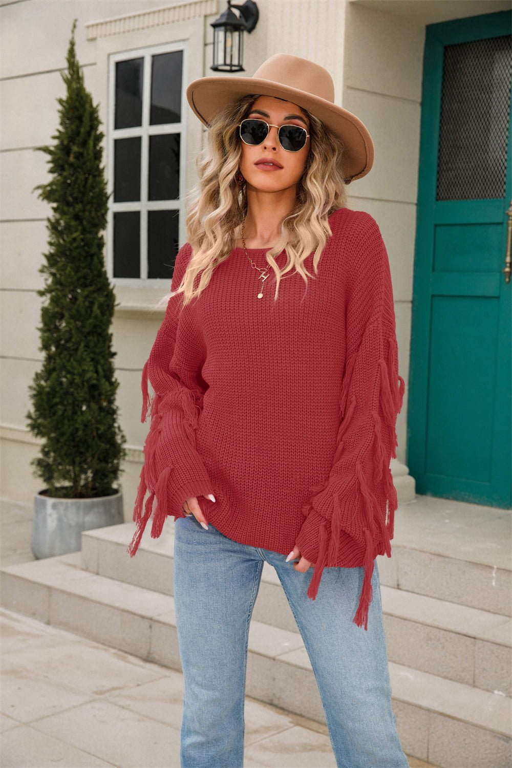 Angel Wings Ribbed Round Neck Fringe Detail Sweater - Rochelle's House LLC