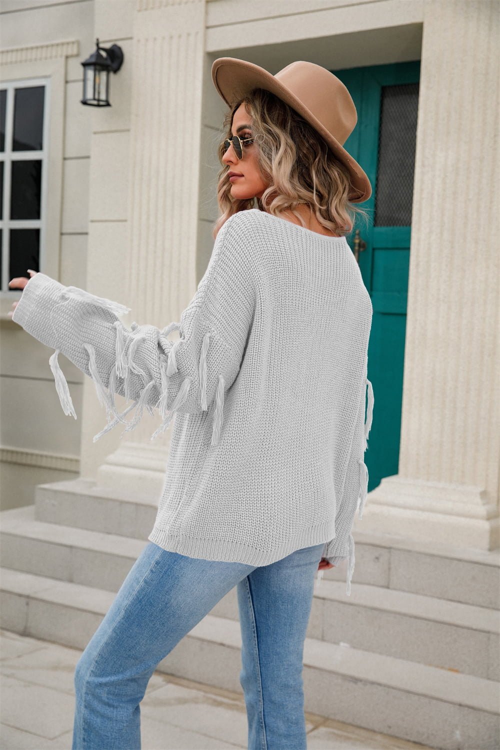 Angel Wings Ribbed Round Neck Fringe Detail Sweater - Rochelle's House LLC